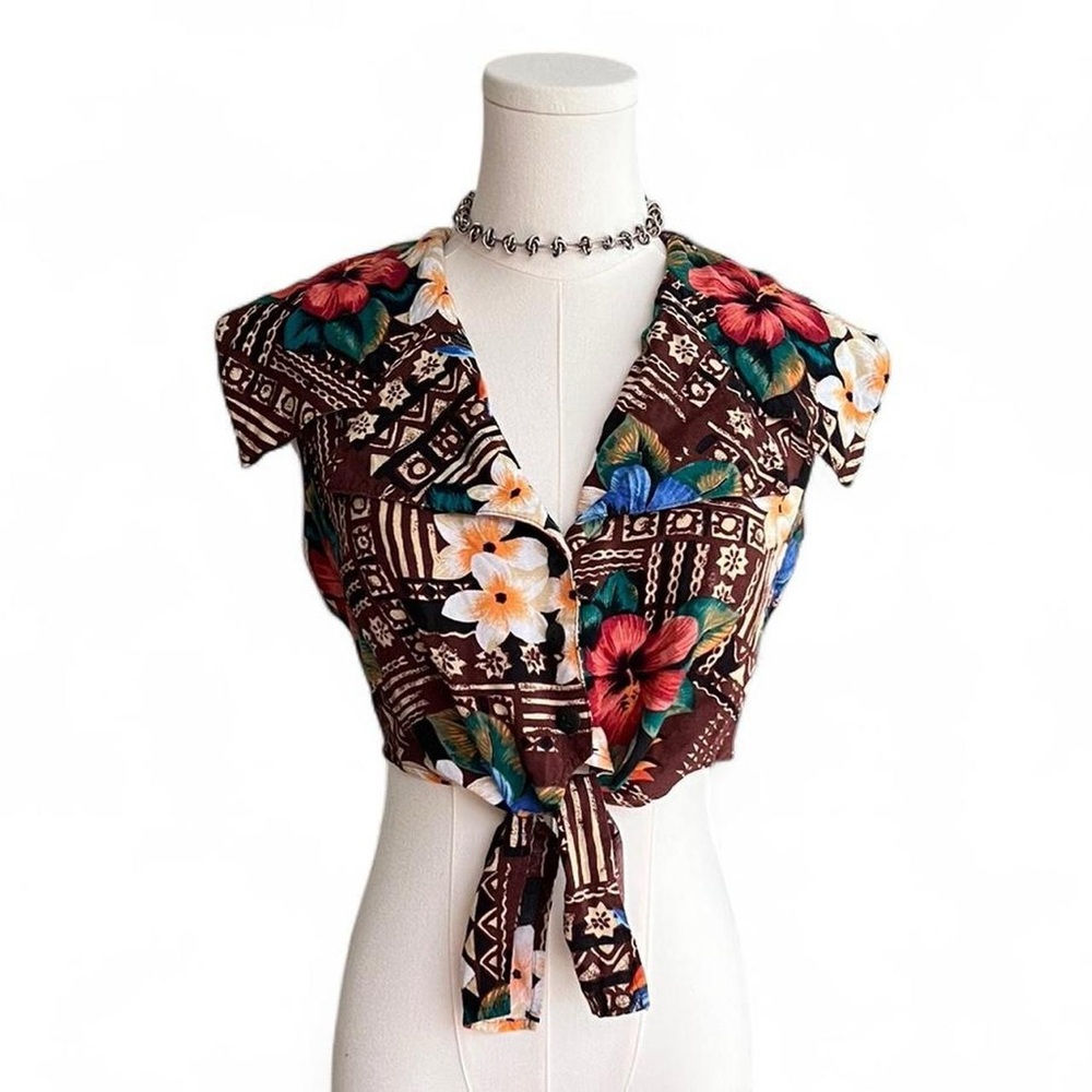 Vintage 90s Hawaiian Tie-Front Brown Top
